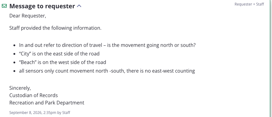 The Recreation and Park Department's reply of September 8, 2026, stating that In and Out refer to direction of travel, north or south; that City is the east side of the road and Beach the west side; and that all sensors count only north-south movement, with no east-west counting.